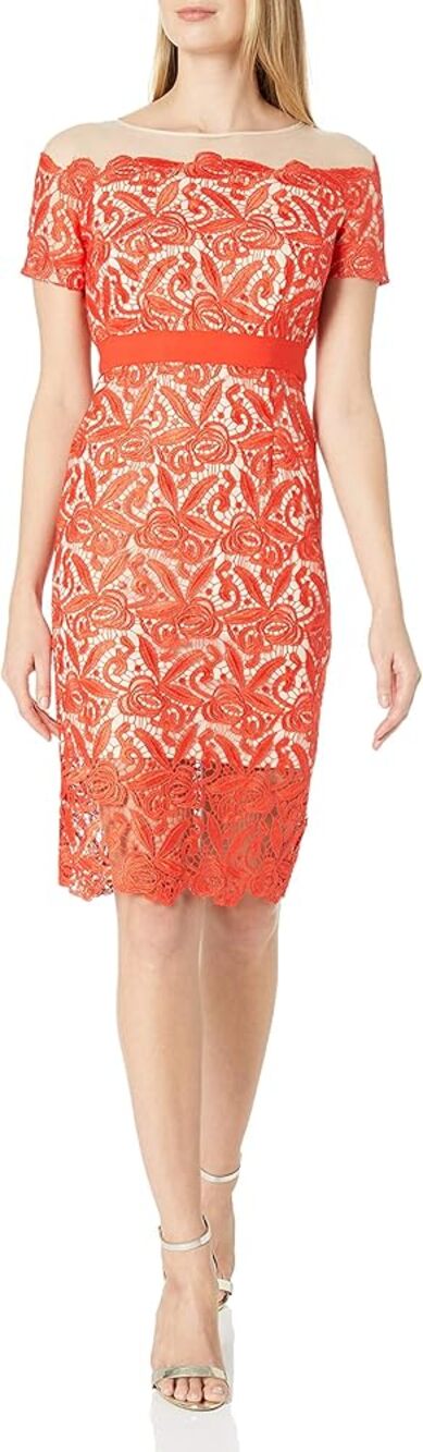 NEW Jax Dress Size 14 Short Sleeve Lace Mesh Sheath Bright Colors Knee Length